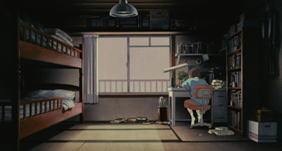 animated gif of anime person falling to side of desk