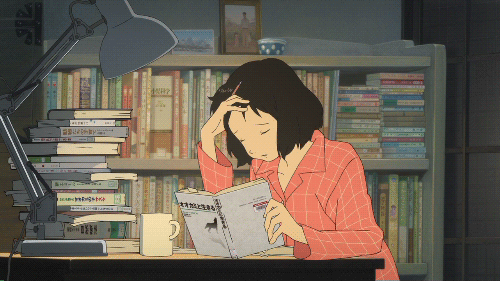 animated gif of anime person falling asleep studying